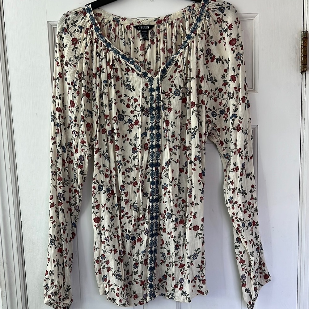 Chaps Multicolored Pleated Long Sleeve Blouse